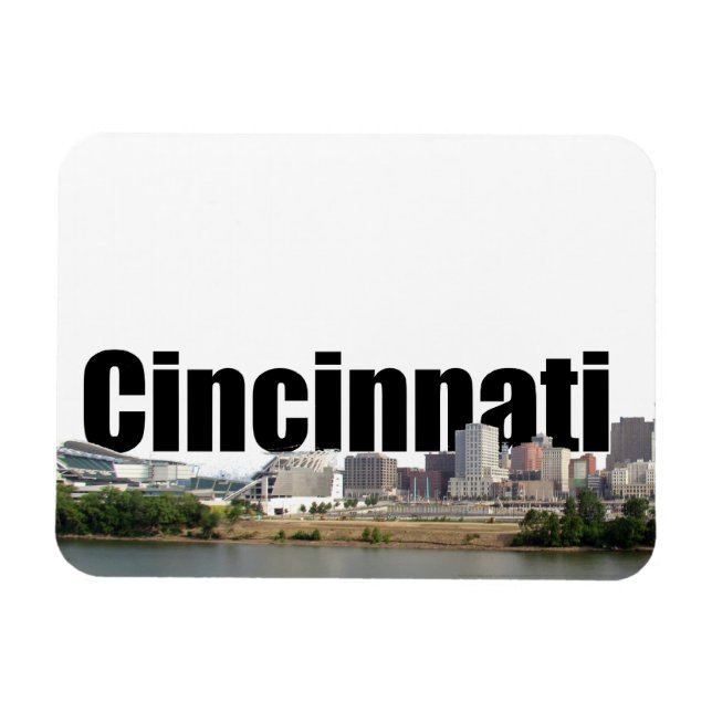 Imán Cincinnati OH Skyline con Cincinnati en el cielo (Horizontal)