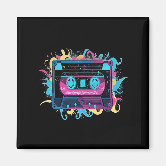 Imán Cinta de Cassette Retro Neon con Splash Vibrante (Frente)