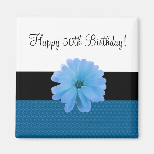 Imán Cinta Negra Flor Azul Cumpleaños 50 (Frente)