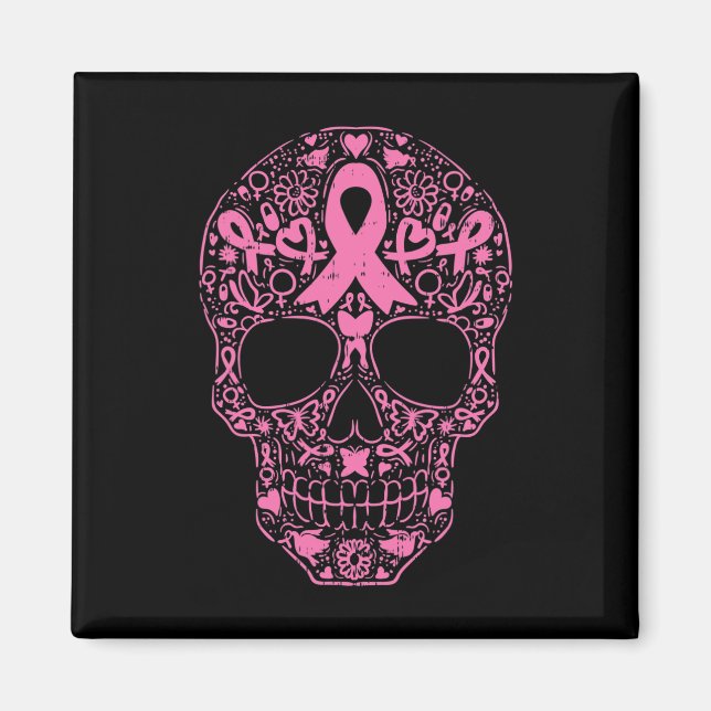 Imán Cinta rosa de cráneo de azúcar Calavera Cáncer de  (Frente)