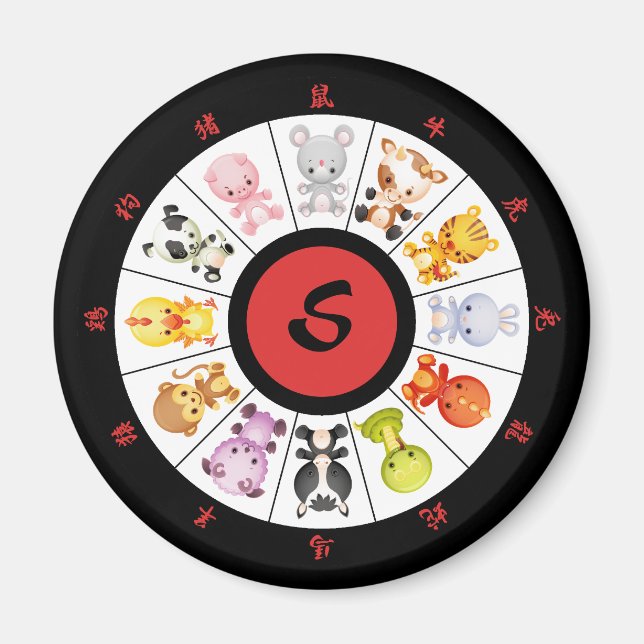 Imán Círculo monogramado de zodiaco chino (Frente)