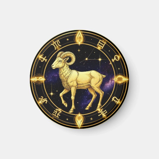 Imán Círculo Zodiacal Aries Dorado Con Carnero (Frente)