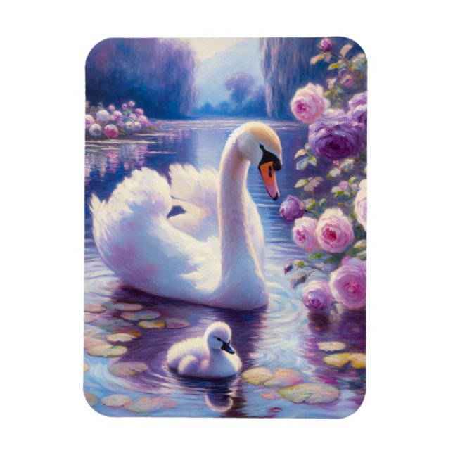 Imán Cisne blanco con Rosas morados (Vertical)