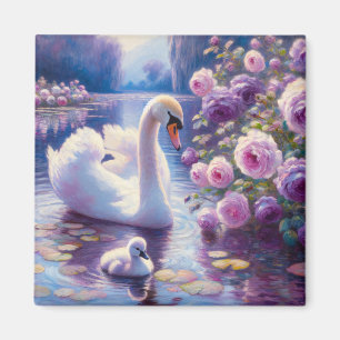 Imán Cisne blanco con Rosas morados