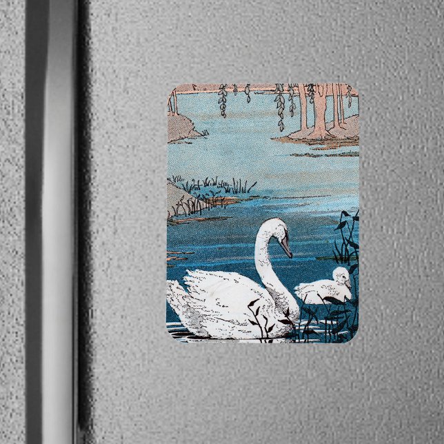 Imán Cisne Blanco Elegante Con Bebé (Pretty white swan with baby swimming in blue lake on rectangular magnet.)