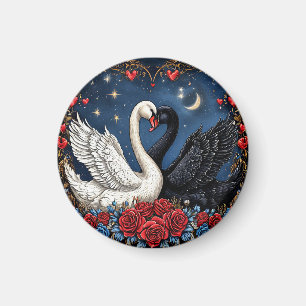 Imán Cisnes blancos y negros con corazones y rosas