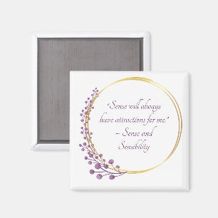 Imán Cita de Jane Austen Sense, dorado con flores púrpu