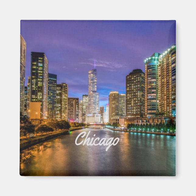 Imán Ciudad Illinois De Chicago De Noche (Frente)