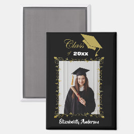 Imán Clase de 2025 Black Gold Cap Brush Script Photo