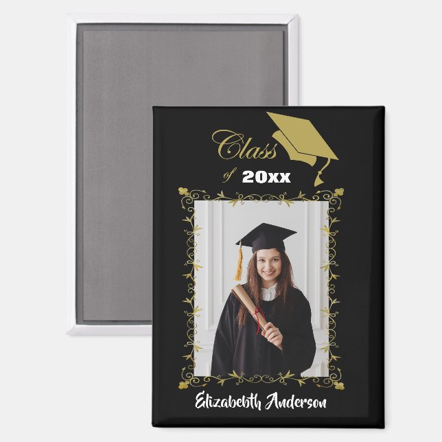 Imán Clase de 2025 Black Gold Cap Brush Script Photo (Anverso/Reverso)