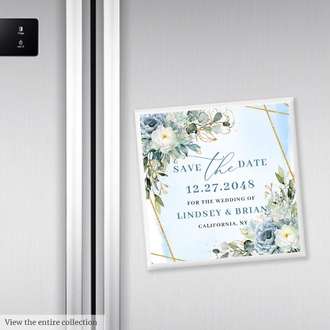 Imán Clásico Ahorra la Fecha Botánico Dusty Blue Dorado (Classic Dusty Blue Botanical Gold Save The Date Magnet

)