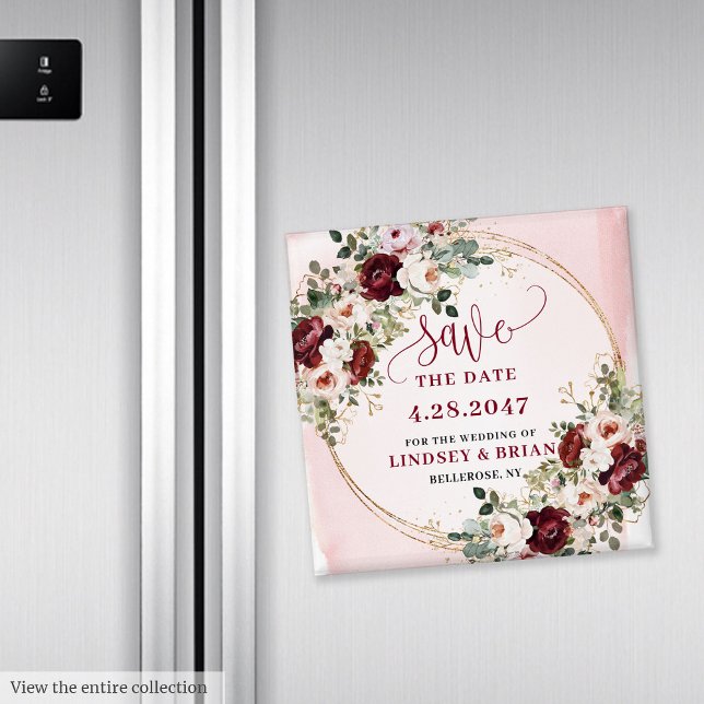 Imán Clásico Boho Rubor Granate Dorado Floral Salva Fec (Classic Boho Maroon Blush Gold Floral Save the Date Magnet

)