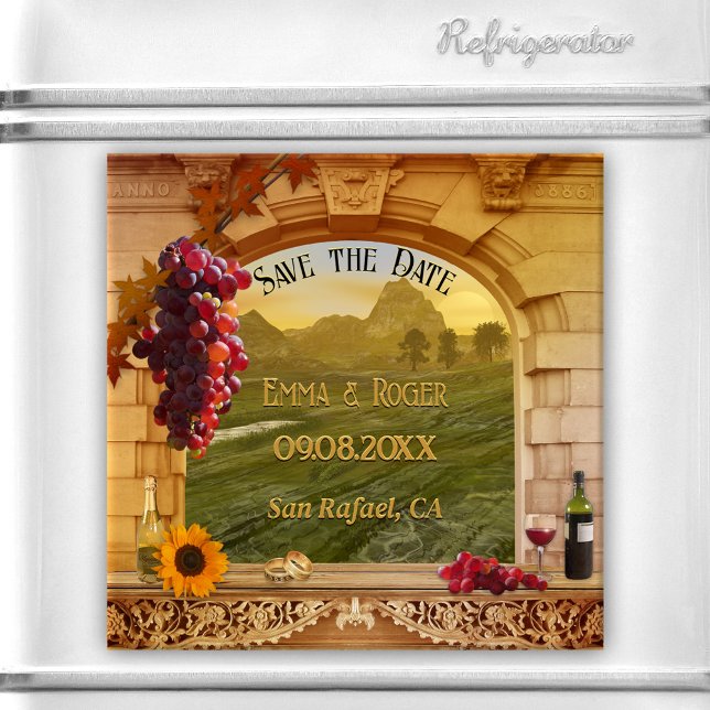 Imán Clásico Viñero italiano otoño salva la fecha (Save the Date magnet featuring a fall winery or vineyard with Roman arch, grapes, wine and sunflower)