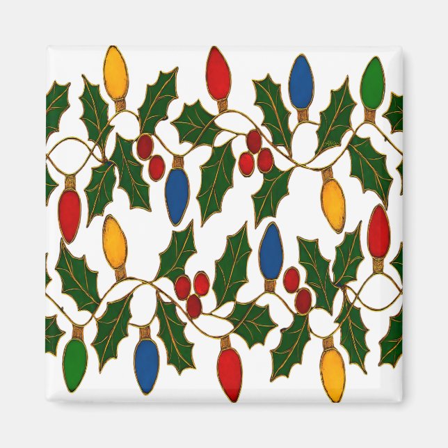 Imán Cloisonne Art Christmas Lights and Holly (Frente)
