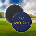 Imán Clubes De Golf Personalizados Con Nombre Azul Y Or<br><div class="desc">Personalice el nombre en la tipografía clásica para crear un regalo de golf único y mantenerlo para cualquier golfista. Diseñado por Thisisnotme©</div>