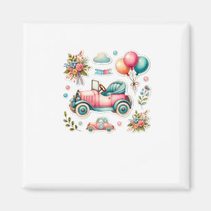 Imán Coche Antiguo Acuarela Con Globos Y Flores S
