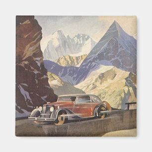 Imán Coche antiguo en carretera de montaña en invierno 