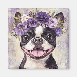 Imán Cocina con flores púrpura en Boston Terrier