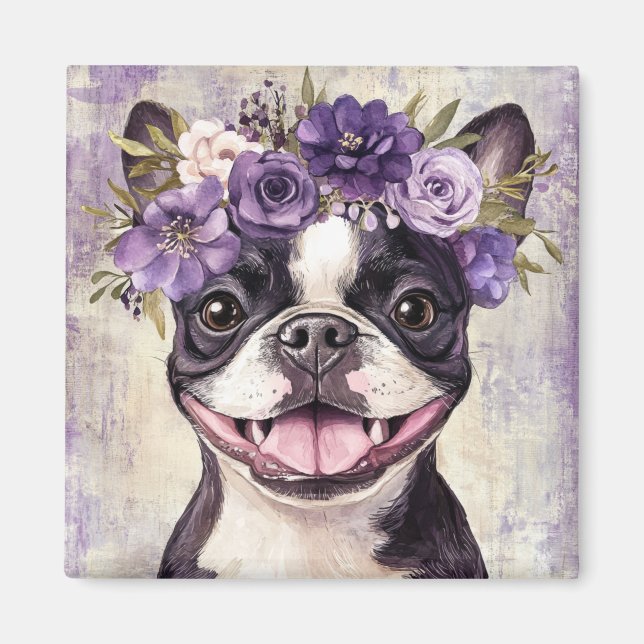 Imán Cocina con flores púrpura en Boston Terrier (Frente)