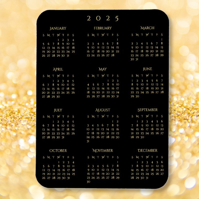 Imán Cocina de la Nevera del calendario del año 2025 de (Black Gold Full Year 2025 Calendar Fridge Kitchen Magnet)