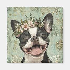 Imán Cocina floral verde de Boston Terrier