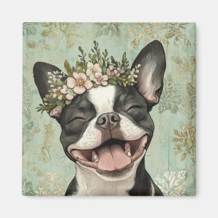 Imán Cocina floral verde de Boston Terrier