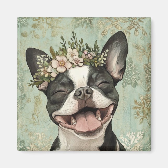 Imán Cocina floral verde de Boston Terrier (Frente)