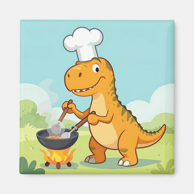 Imán Cocinero Dinosaurio Cocinando Divertido (Frente)