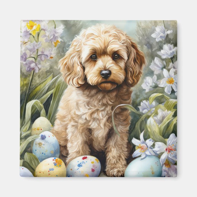 Imán Cockapoo con festividad de huevos de Pascua (Frente)