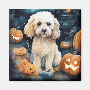 Imán Cockapoo de Halloween con calabazas Espantoso