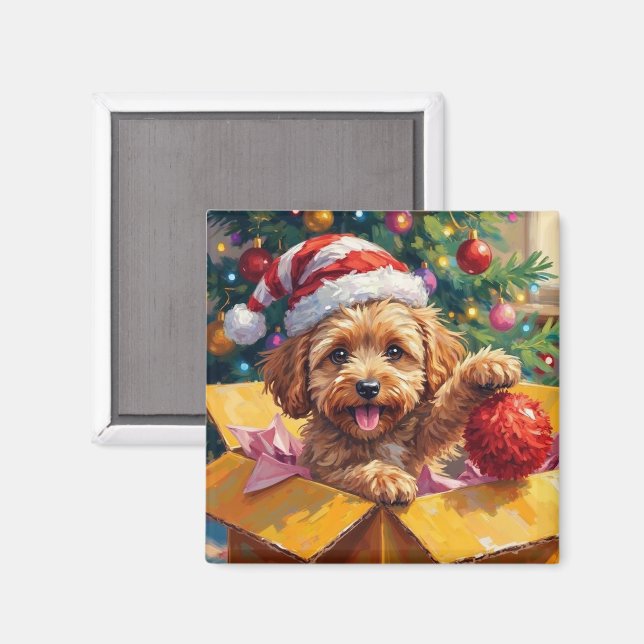 Imán Cockapoo Dog Christmas Gift Box Surprise (Anverso/Reverso)