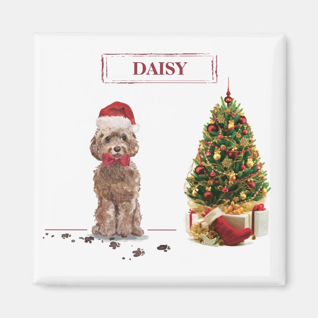 Imán Cockapoo Marrón Divertido Perro de Navidad y Árbol (Frente)
