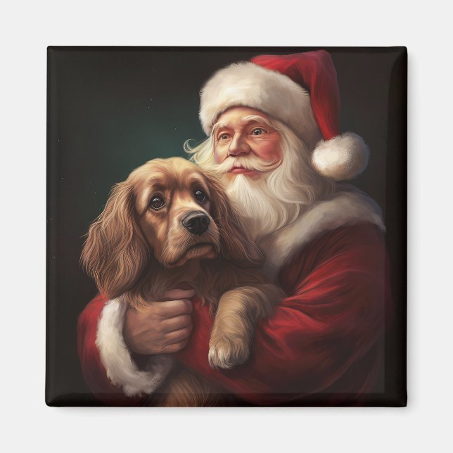 Imán Cocker Spaniel Con Santa Claus Festivo De Navidad (Frente)