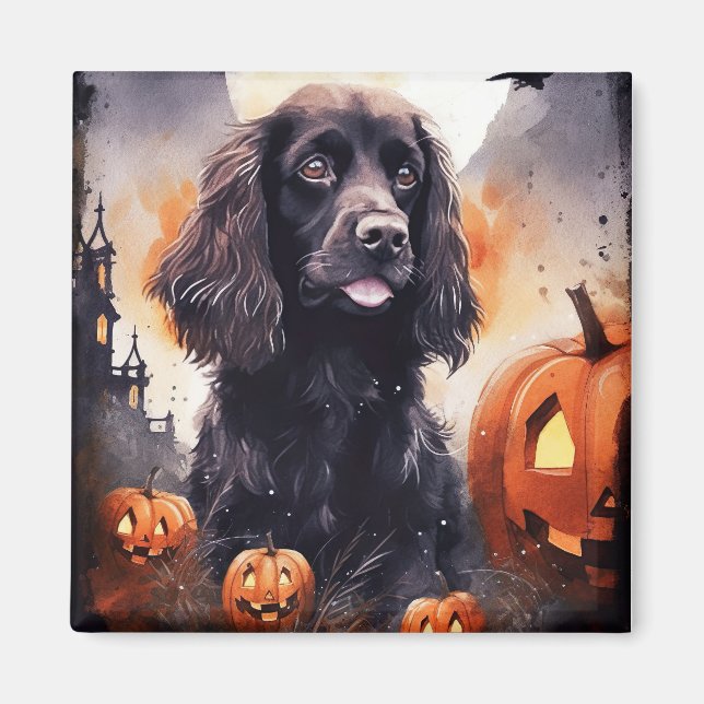 Imán Cocker Spaniel de Halloween con calabazas (Frente)