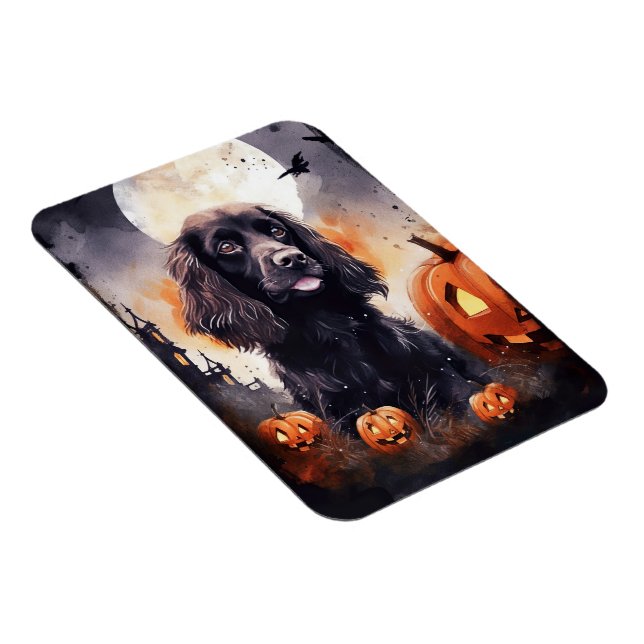 Imán Cocker Spaniel de Halloween con calabazas (Lado Derecho)