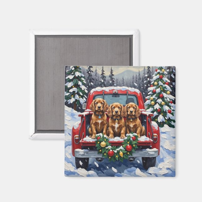 Imán Cocker Spaniel Navidad Camión Rojo Fiesta (Anverso/Reverso)