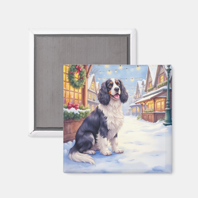 Imán Cocker Spaniel Snowy Village Christmas Art (Anverso/Reverso)