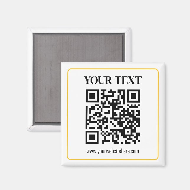 Imán Código QR editable y texto con borde de oro amaril (Anverso/Reverso)