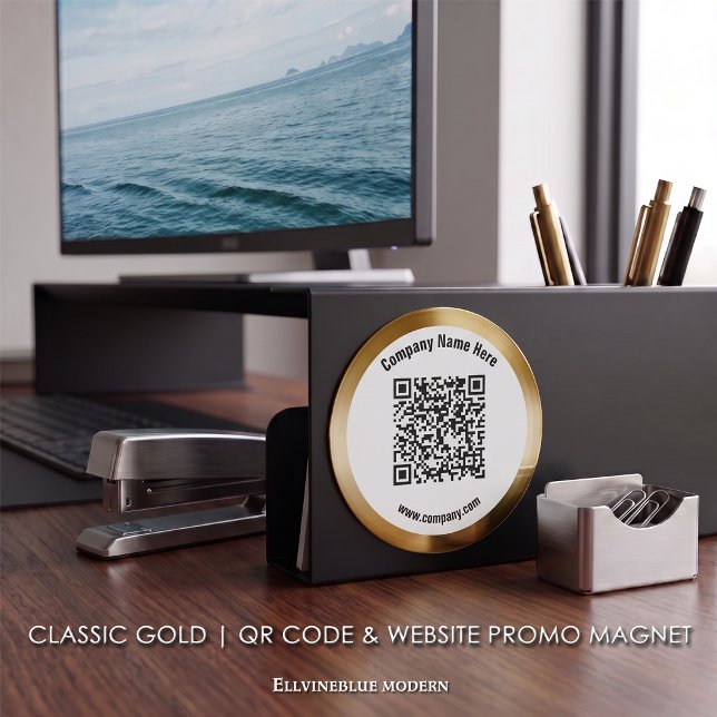 Imán Código QR personalizado Classic Gold y promoción d (Classic Gold Magnet | A polished layout created to showcase your QR Code, Name, & Website.)