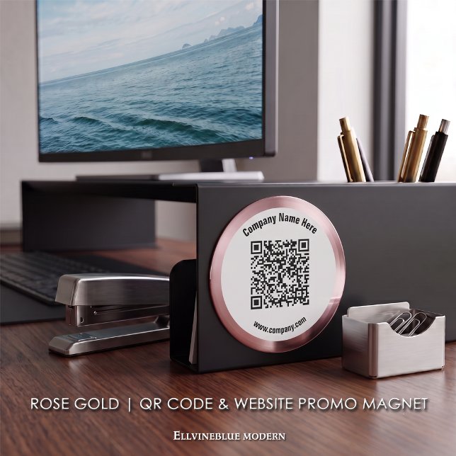 Imán Código QR personalizado y promoción de sitio web e (Rose Gold Metallic Magnet | A polished layout created to showcase your QR Code, Name, & Website.)