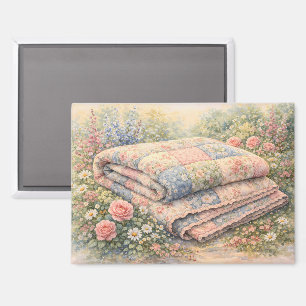 Imán Colcha de patchwork floral Cottagecore acuarela