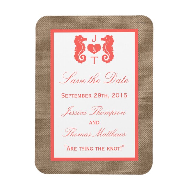 Imán Colección de Bodas de Playa Coral Seahorse Burlap (Vertical)