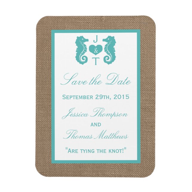 Imán Colección de Bodas Turquoise Seahorse Burlap Beach (Vertical)