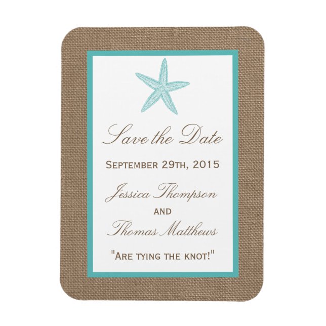 Imán Colección Turquoise Starfish Burlap Beach Wedding (Vertical)