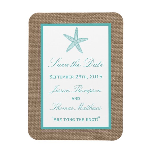 Imán Colección Turquoise Starfish Burlap Beach Wedding (Vertical)
