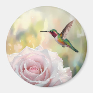 Imán Colibrí acuarela y rosa rosa
