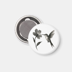 Imán Colibrí con Flor – Diseño de Pincel de Tinta sobre
