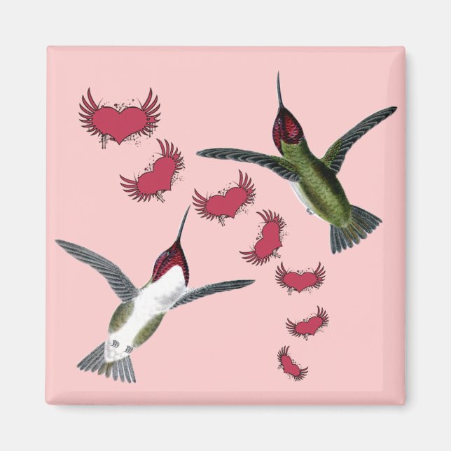 Imán Colibríes Grunge Corazones con Alas (Frente)