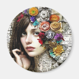 Imán Collage Art | Chica Bonito con flores en el pelo