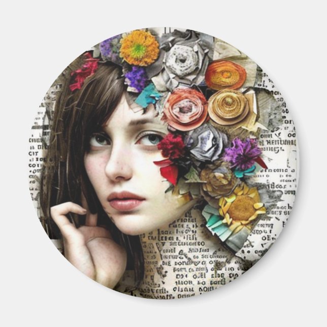 Imán Collage Art | Chica Bonito con flores en el pelo (Frente)
